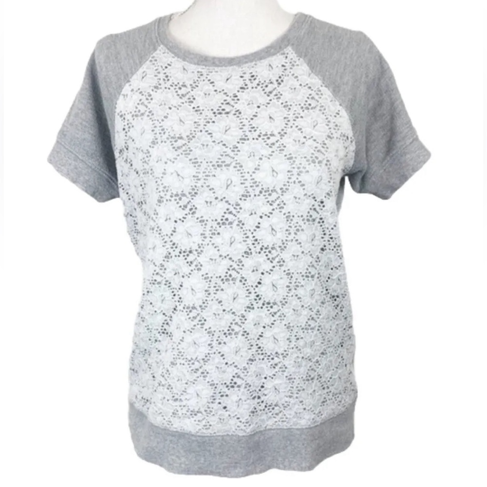 MICHAEL MICHAEL KORS‎ Gray/White Lace Floral Front Reglan Short Sleeve Top SMALL